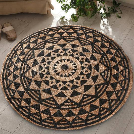 Handwoven Black Symmetric Design Jute Rugs Round Braided Floor Carpet Mat for Living Room, Bedroom, Dining, Office, Restaurant (100 cms Round, Natural & Black Print)