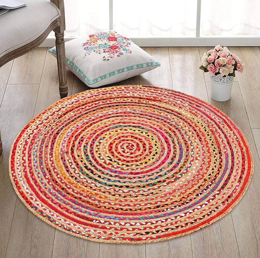 Jute Carpet for Living Room, Jute Round Floor Mat, Rugs for Living Room, Jute Centre Table Carpet (Multi Color, 3x3 Ft Round)